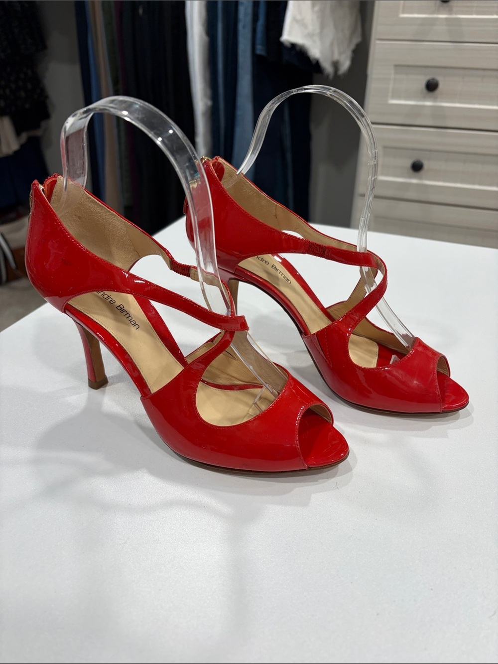 Alexandre Birman Red Patent Peep-Toe Cross-Strap Heels